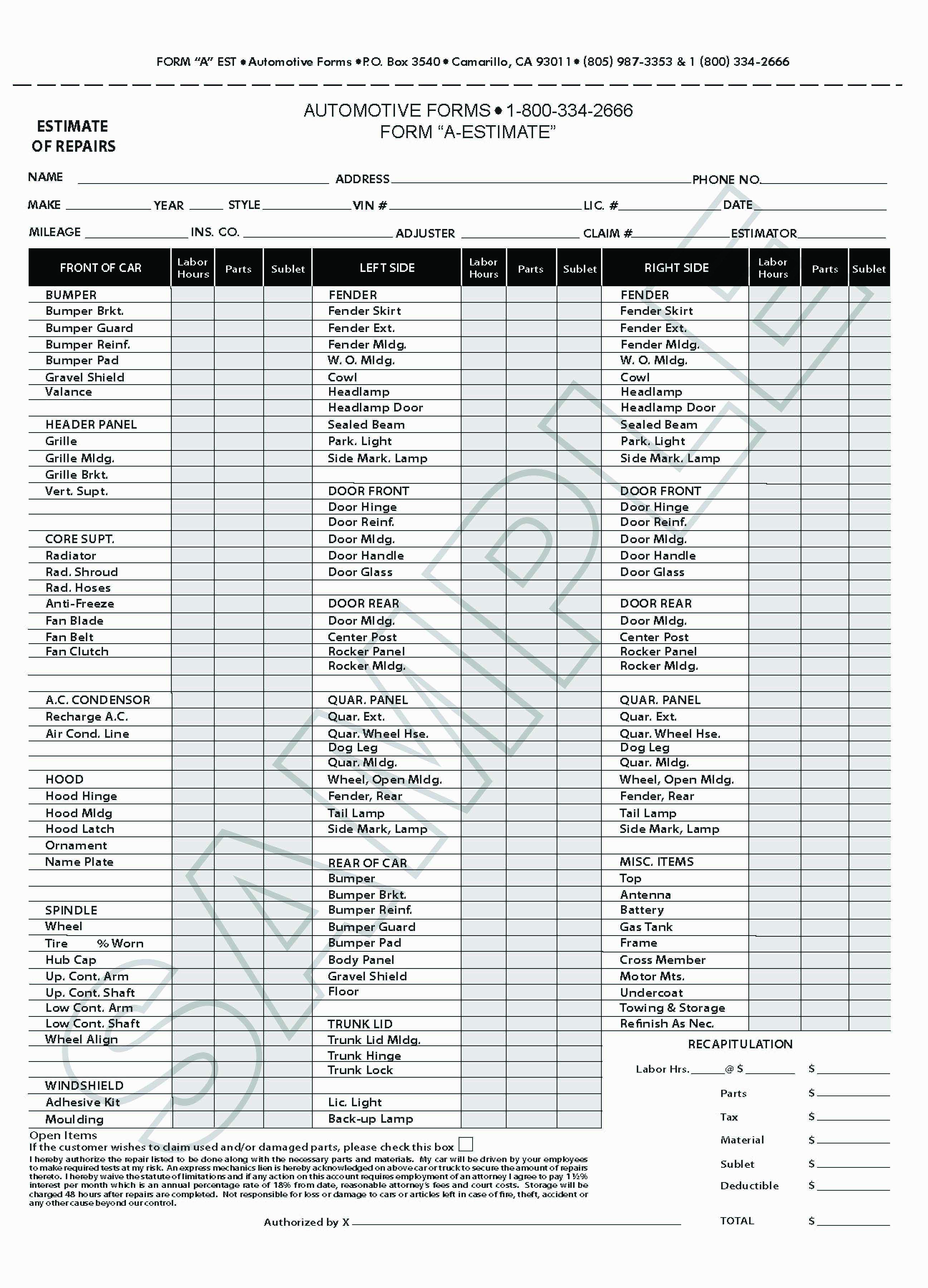 Free Printable Auto Body Repair Estimate Forms