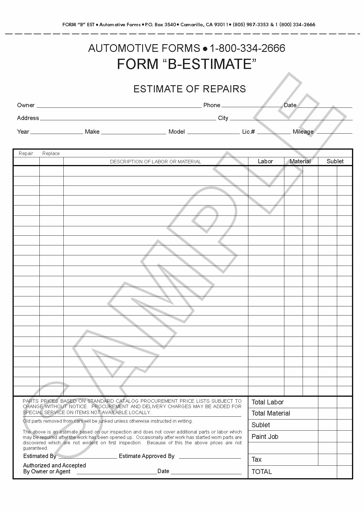 free estimate forms